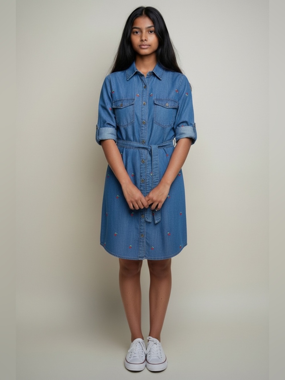 Girls Blue Denim Shirt Dress Size 12-14 Years Long Sleeve Belt Button Front